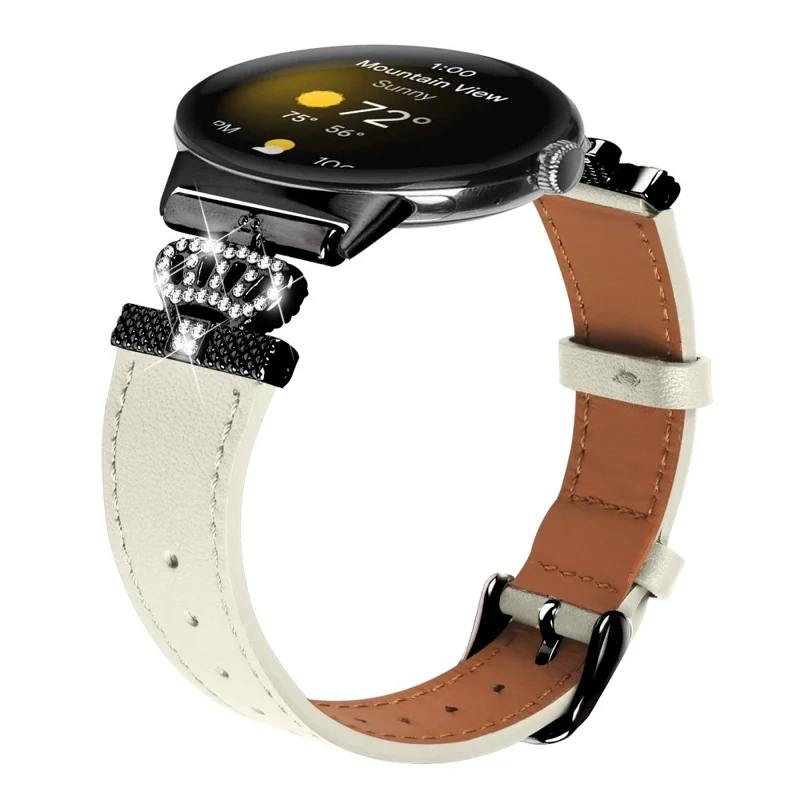 Google Pixel Watch Crown Rhinestone Decor Genuine Cow Leather Wrist Band Strap