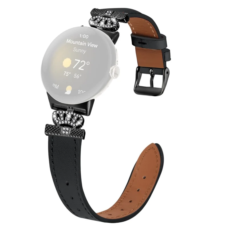 Google Pixel Watch Crown Rhinestone Decor Genuine Cow Leather Wrist Band Strap