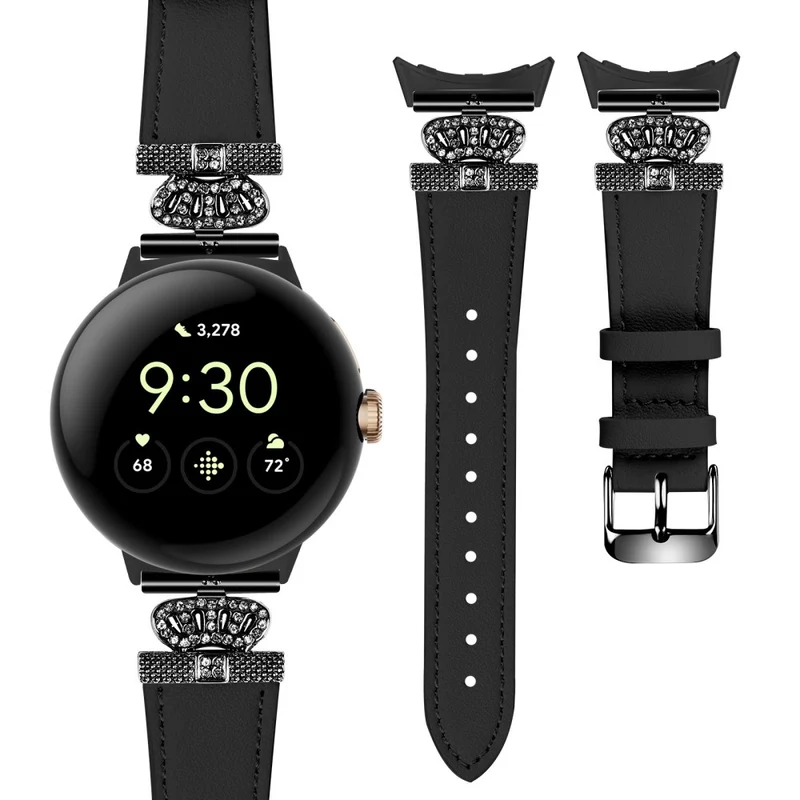 Google Pixel Watch Crown Rhinestone Decor Genuine Cow Leather Wrist Band Strap