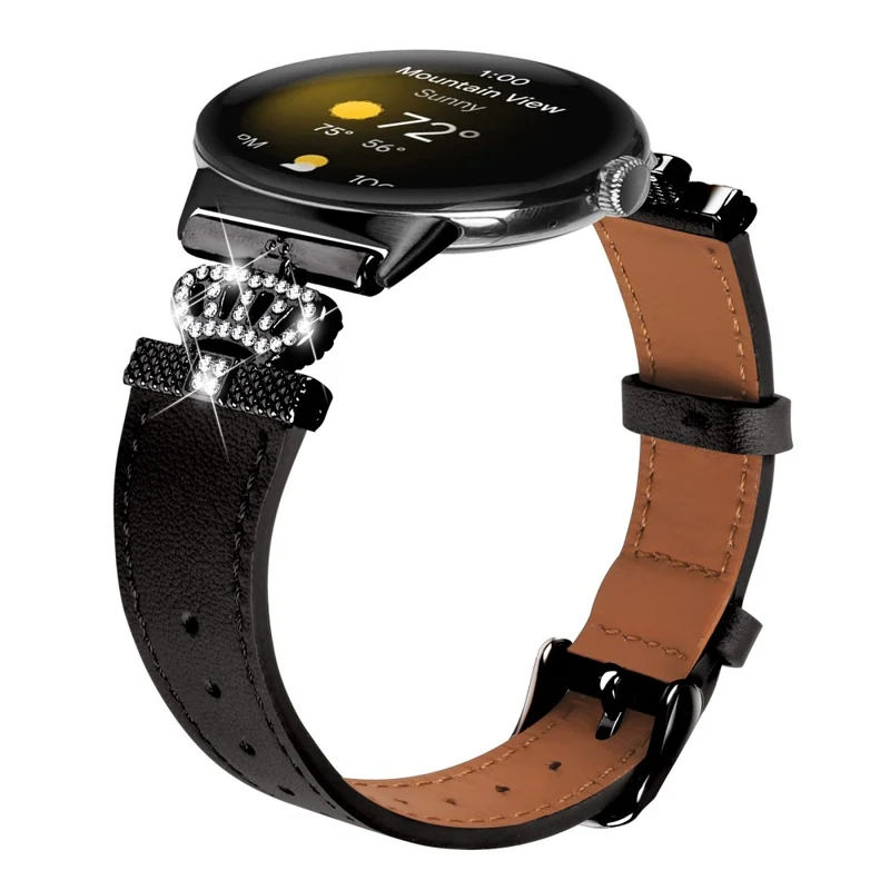 Google Pixel Watch Crown Rhinestone Decor Genuine Cow Leather Wrist Band Strap