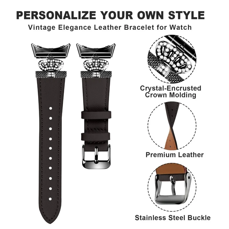 Google Pixel Watch Crown Rhinestone Decor Genuine Cow Leather Wrist Band Strap