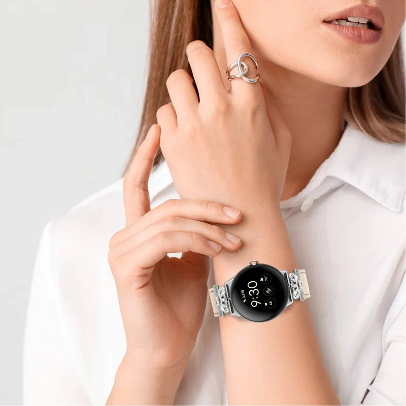 Google Pixel Watch Soft Genuine Cow Leather Rhinestone Watch Strap - Apricot