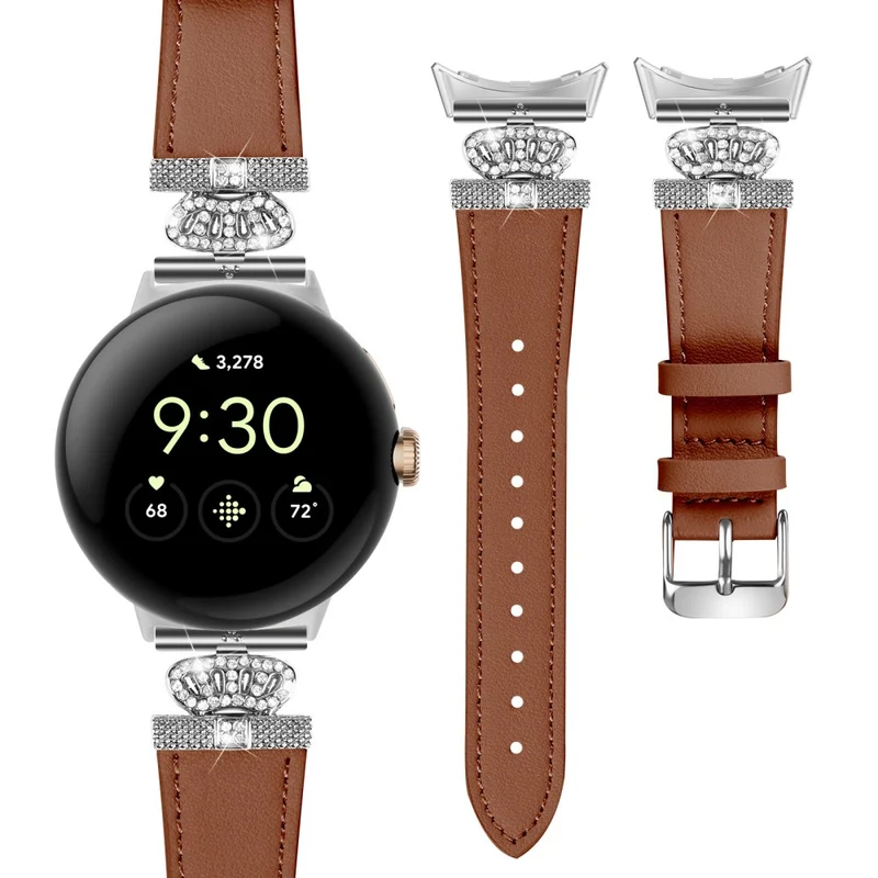 Google Pixel Watch Soft Genuine Cow Leather Rhinestone Watch Strap - Apricot
