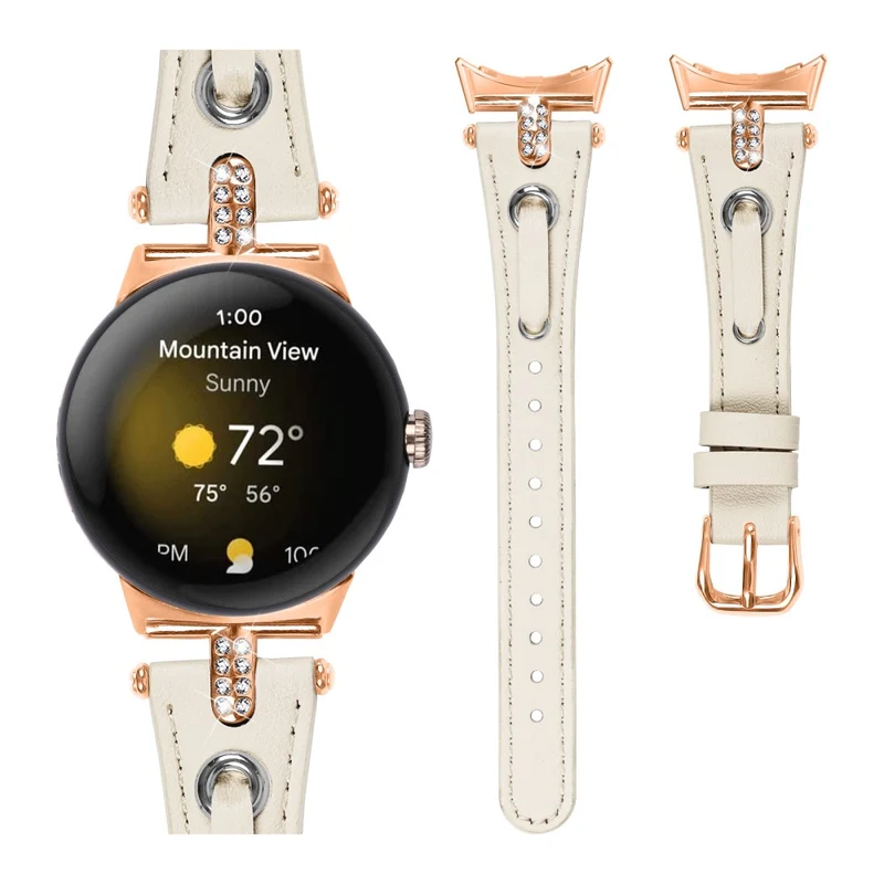Google Pixel Watch Genuine Cow Leather Watch Strap Rhinestone Decor Watch Band