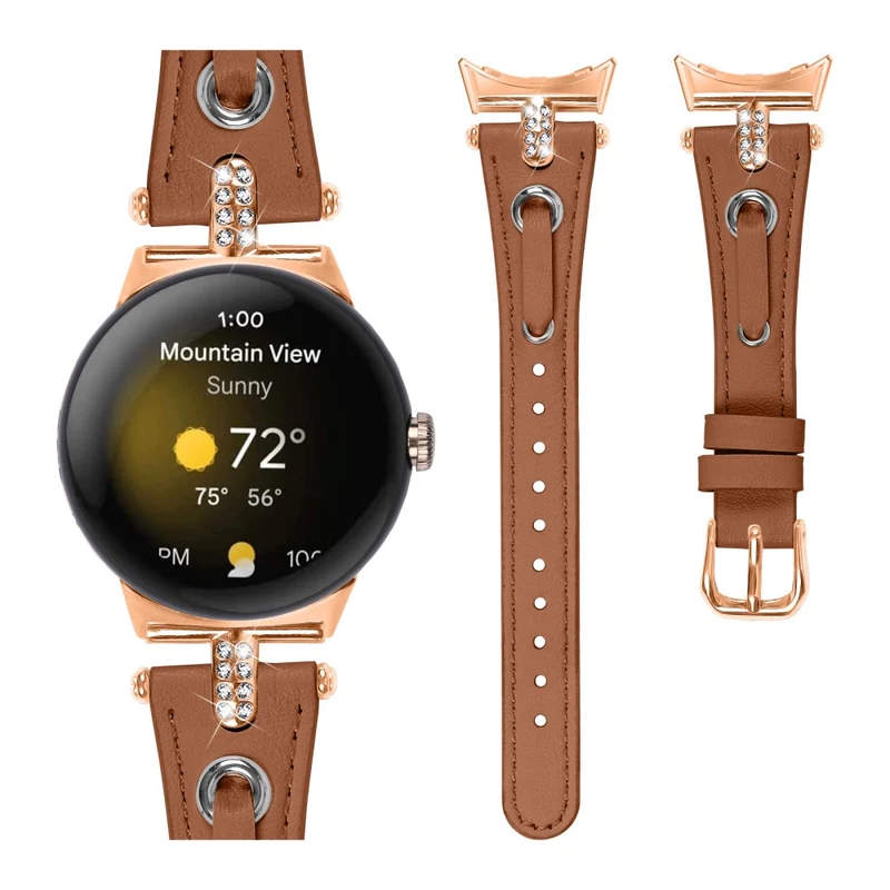 Google Pixel Watch Genuine Cow Leather Watch Strap Rhinestone Decor Watch Band