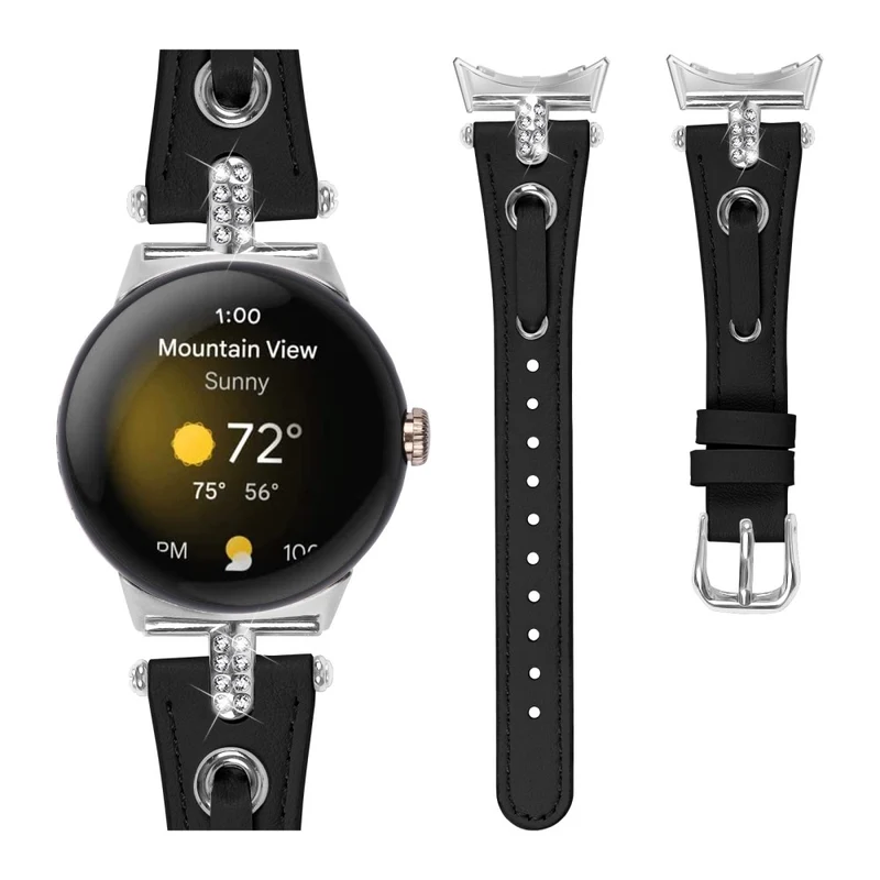Google Pixel Watch Genuine Cow Leather Watch Strap Rhinestone Decor Watch Band