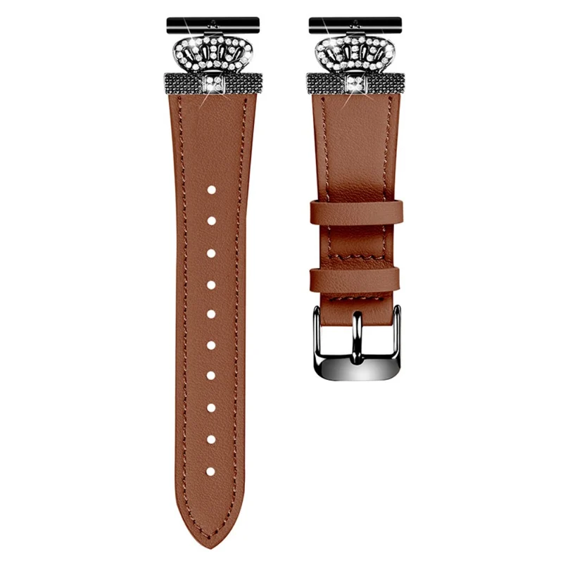 GarminMove 3 / Vivomove 3 Watchband with Connector Genuine Cow Leather Strap Rhinestone Crown Decor - Apricot