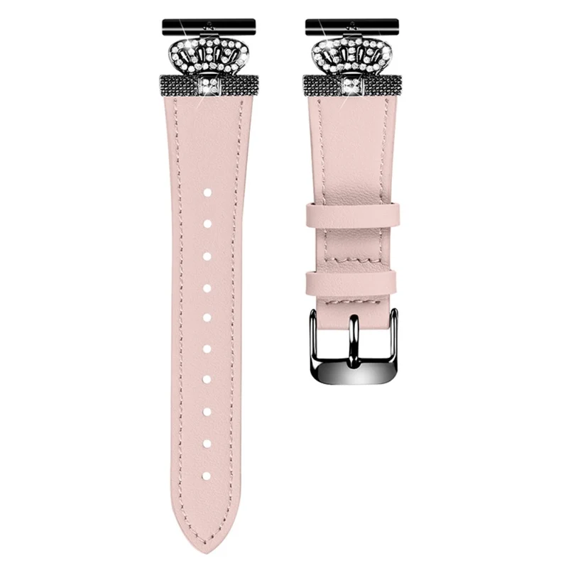 GarminMove 3 / Vivomove 3 Watchband with Connector Genuine Cow Leather Strap Rhinestone Crown Decor - Apricot