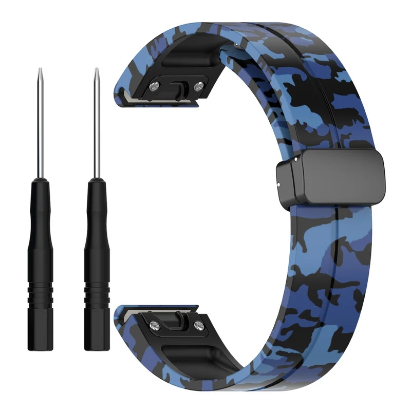 Garmin 26mm Quickfit Universal Black Buckle Watch Band Flexible Strap - Camo Blue