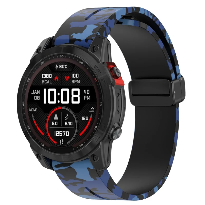 Garmin 26mm Quickfit Universal Black Buckle Watch Band Flexible Strap - Camo Blue