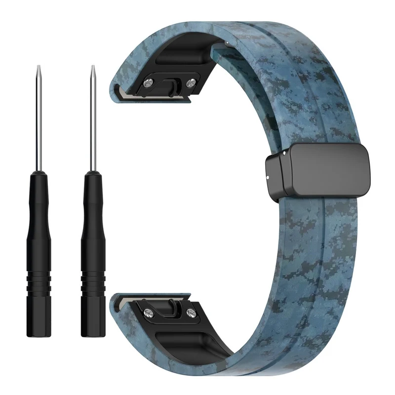 Garmin 26mm Quickfit Universal Black Buckle Watch Band Flexible Strap - Camo Blue