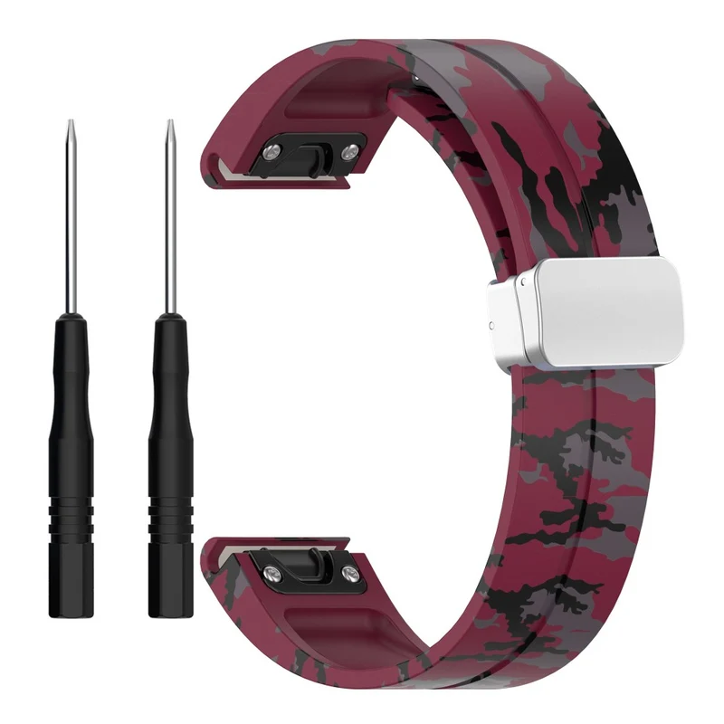 Garmin 26mm Quickfit Universal Flexible Watch Band Silver Buckle Wrist Strap - Camo Wine Red