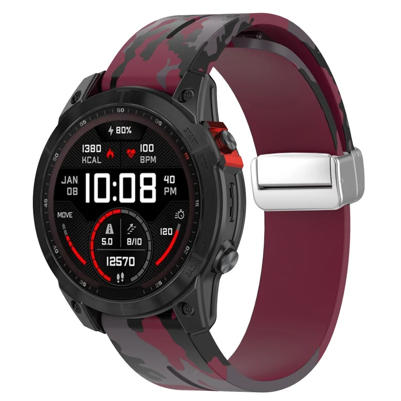Garmin 26mm Quickfit Universal Flexible Watch Band Silver Buckle Wrist Strap - Camo Wine Red