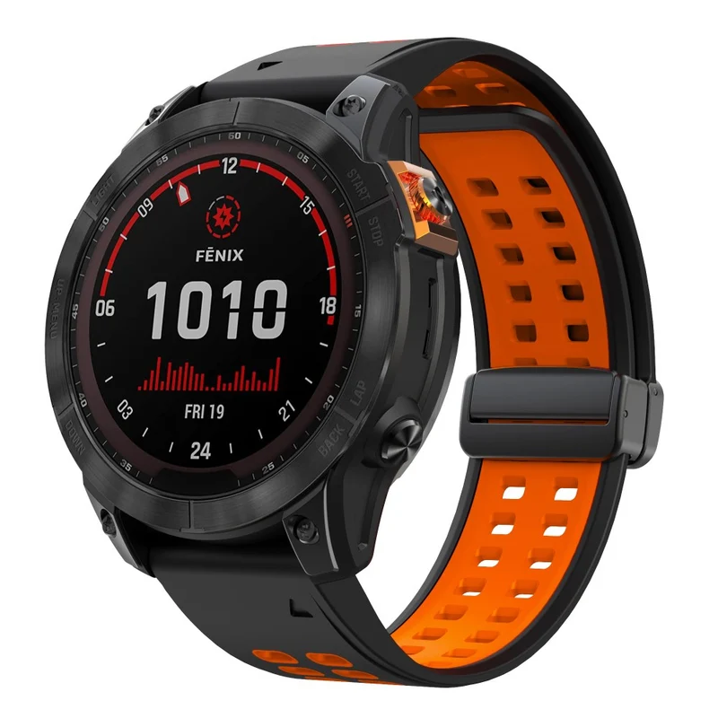 Garmin Fenix 7 Pro / Fenix 7 Replacement Band 22mm Silicone Strap with Magnetic Buckle - Orange+Black