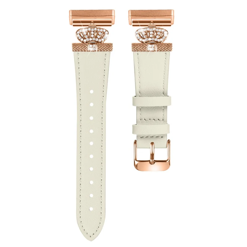 Fitbit Versa 4 / Sense 2 Smooth Genuine Cow Leather Rhinestone Watch Strap - Apricot