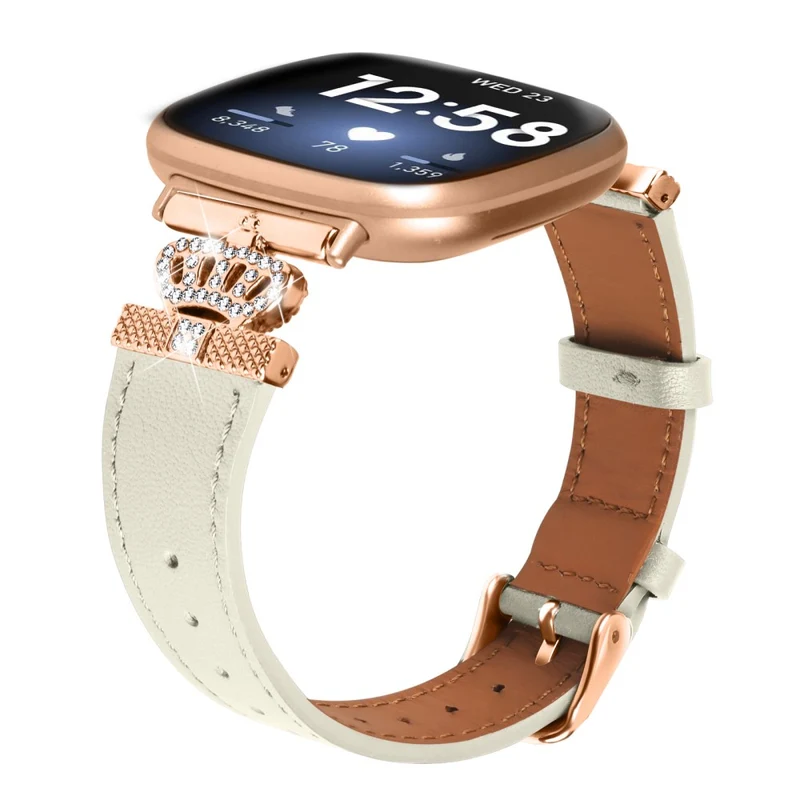 Fitbit Versa 4 / Sense 2 Smooth Genuine Cow Leather Rhinestone Watch Strap - Apricot