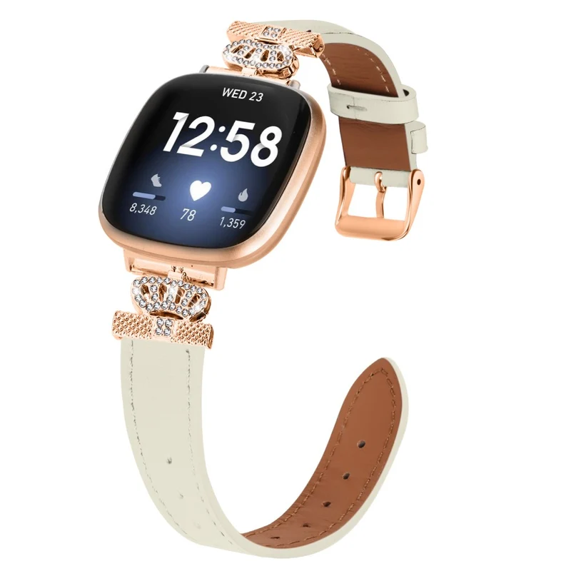 Fitbit Versa 4 / Sense 2 Smooth Genuine Cow Leather Rhinestone Watch Strap - Apricot
