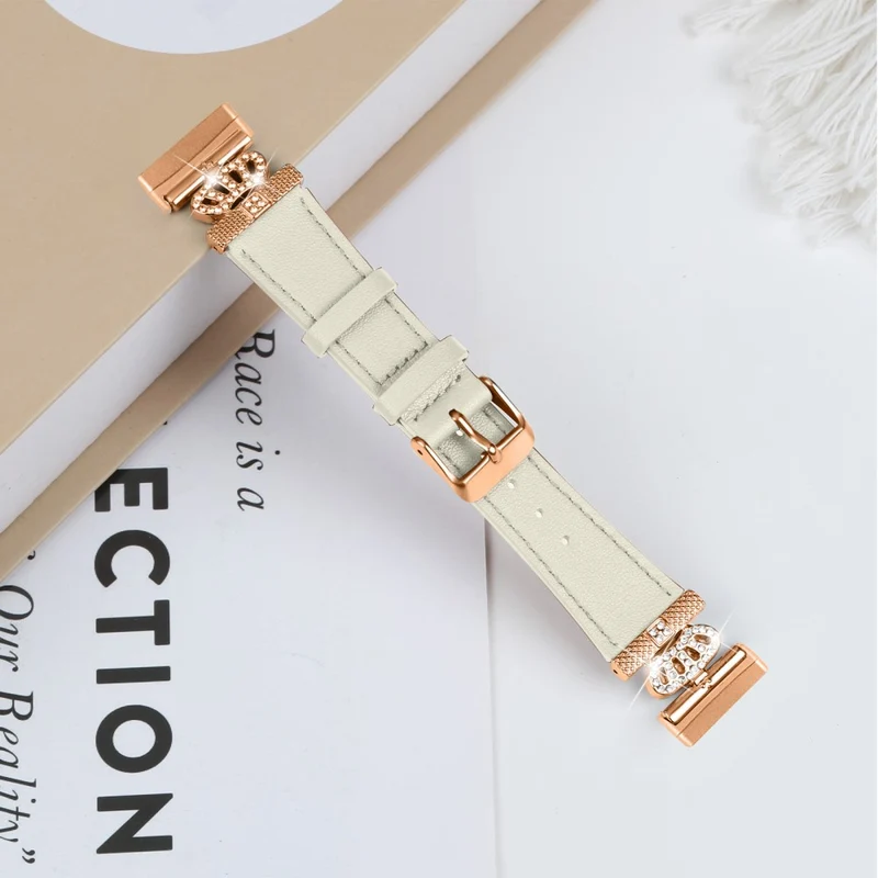 Fitbit Versa 4 / Sense 2 Smooth Genuine Cow Leather Rhinestone Watch Strap - Apricot