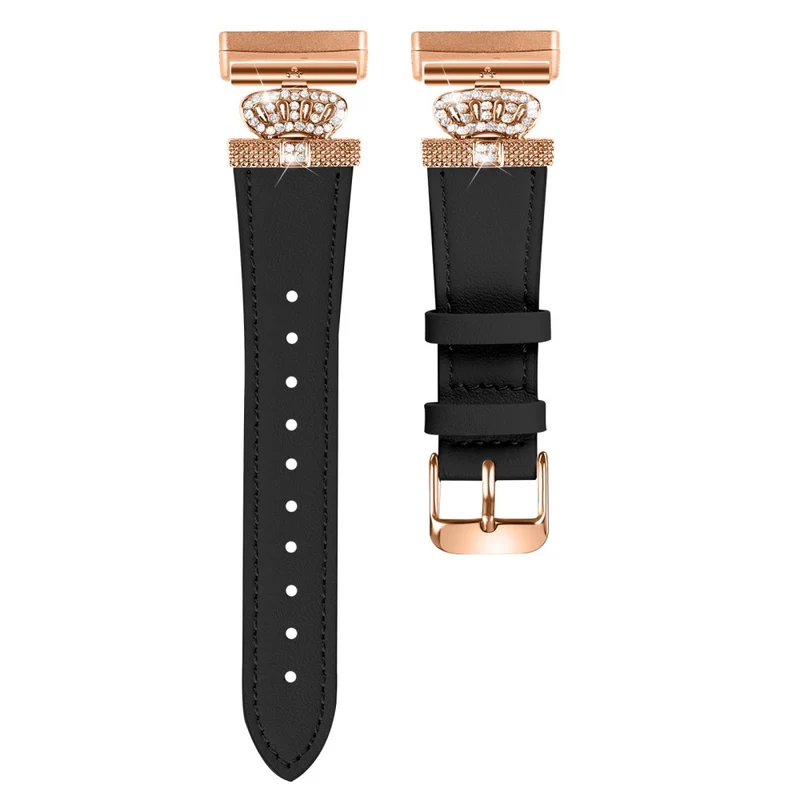 Fitbit Versa 4 / Sense 2 Smooth Genuine Cow Leather Rhinestone Watch Strap - Apricot