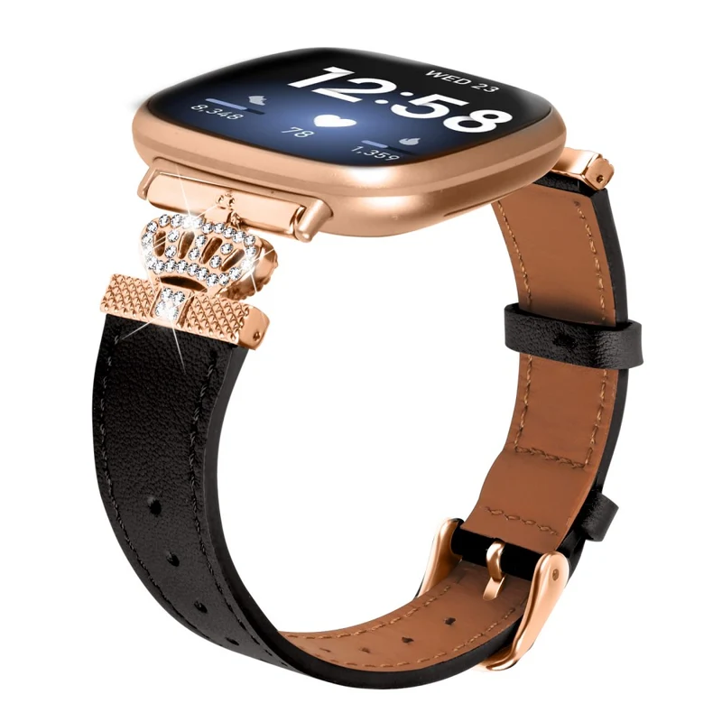 Fitbit Versa 4 / Sense 2 Smooth Genuine Cow Leather Rhinestone Watch Strap - Apricot