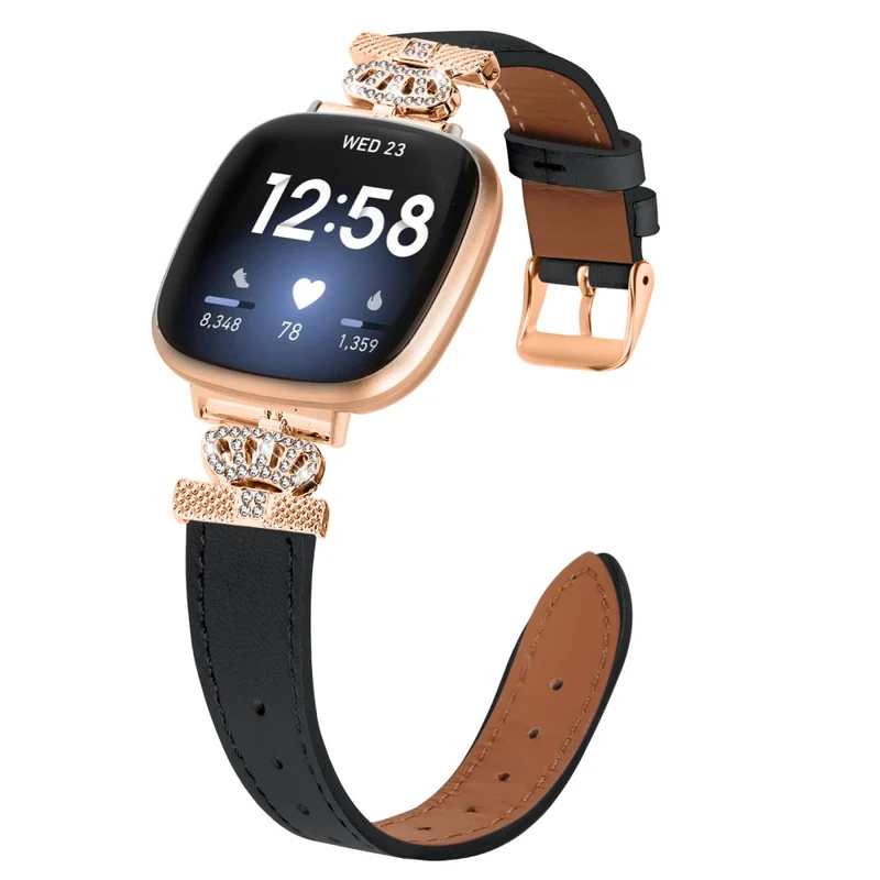 Fitbit Versa 4 / Sense 2 Smooth Genuine Cow Leather Rhinestone Watch Strap - Apricot