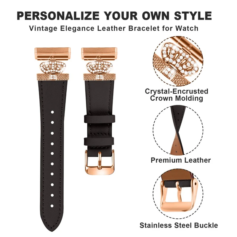 Fitbit Versa 4 / Sense 2 Smooth Genuine Cow Leather Rhinestone Watch Strap - Apricot