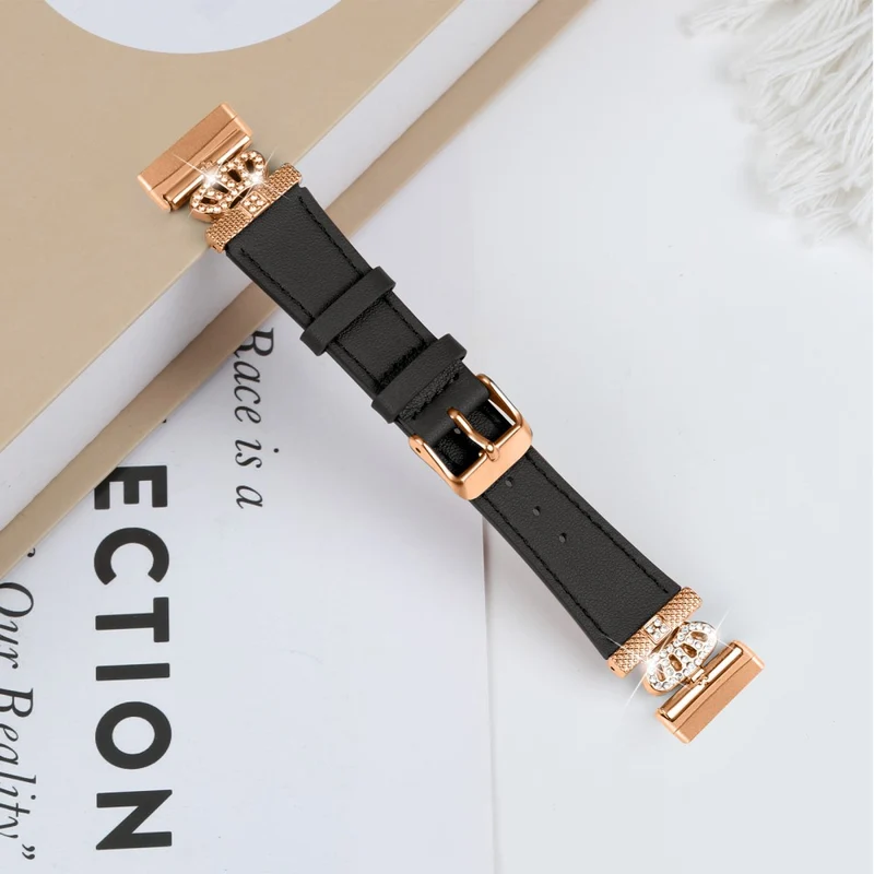 Fitbit Versa 4 / Sense 2 Smooth Genuine Cow Leather Rhinestone Watch Strap - Apricot