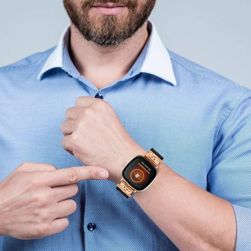 Fitbit Versa 4 / Sense 2 Smooth Genuine Cow Leather Rhinestone Watch Strap - Apricot
