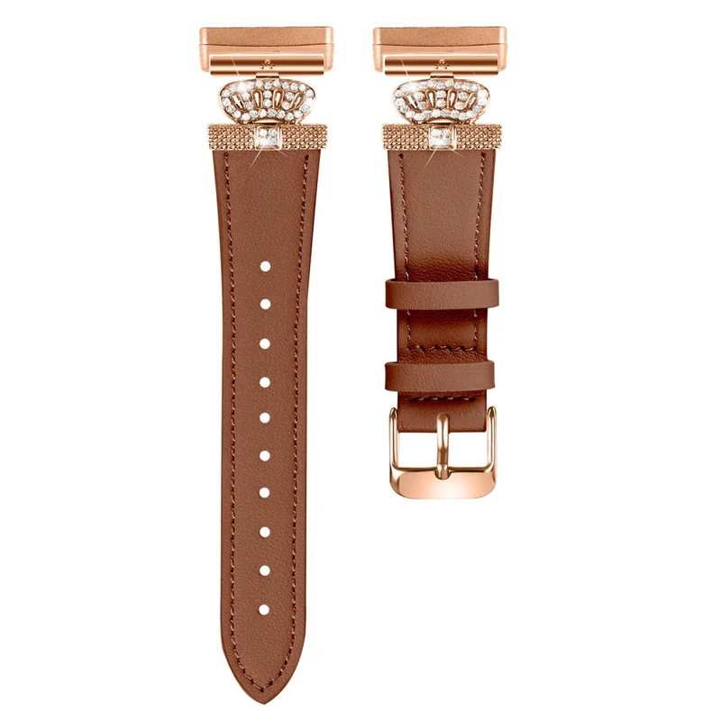 Fitbit Versa 4 / Sense 2 Smooth Genuine Cow Leather Rhinestone Watch Strap - Apricot