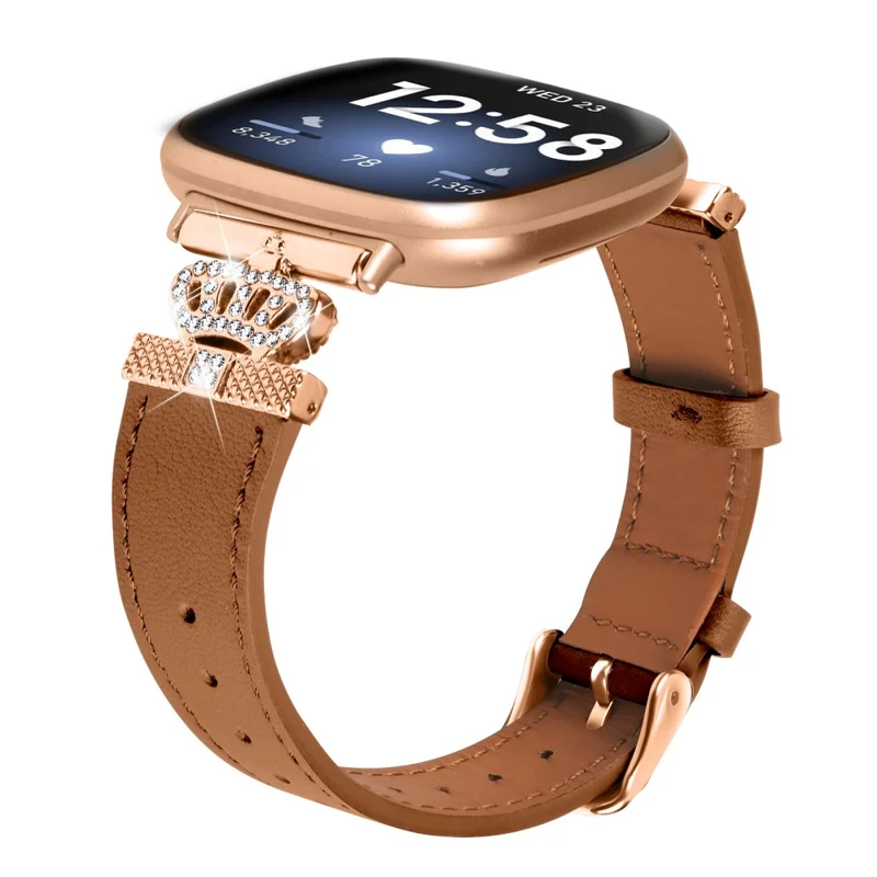 Fitbit Versa 4 / Sense 2 Smooth Genuine Cow Leather Rhinestone Watch Strap - Apricot