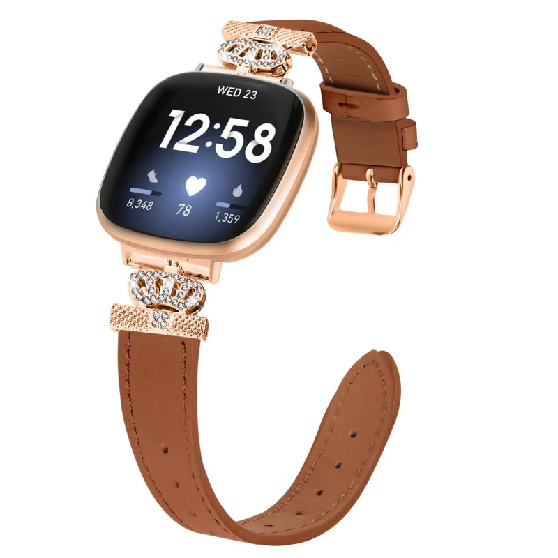 Fitbit Versa 4 / Sense 2 Smooth Genuine Cow Leather Rhinestone Watch Strap - Apricot