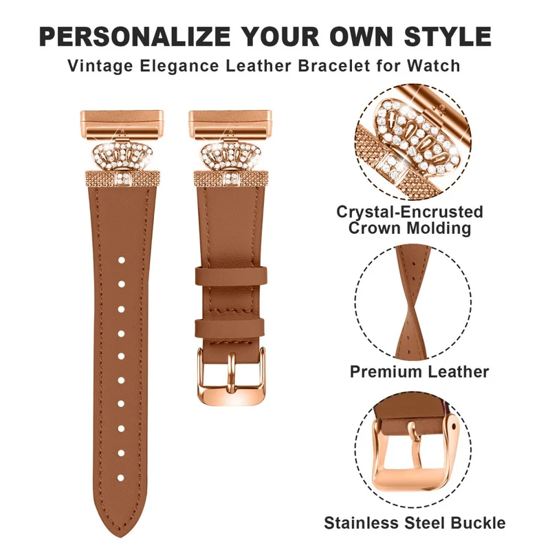 Fitbit Versa 4 / Sense 2 Smooth Genuine Cow Leather Rhinestone Watch Strap - Apricot