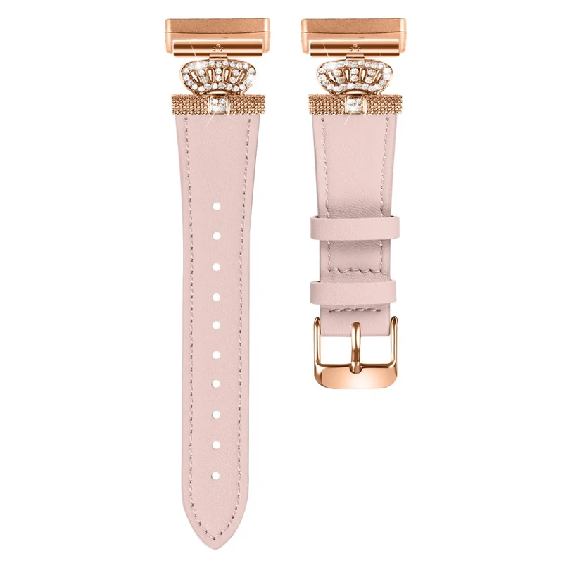 Fitbit Versa 4 / Sense 2 Smooth Genuine Cow Leather Rhinestone Watch Strap - Apricot