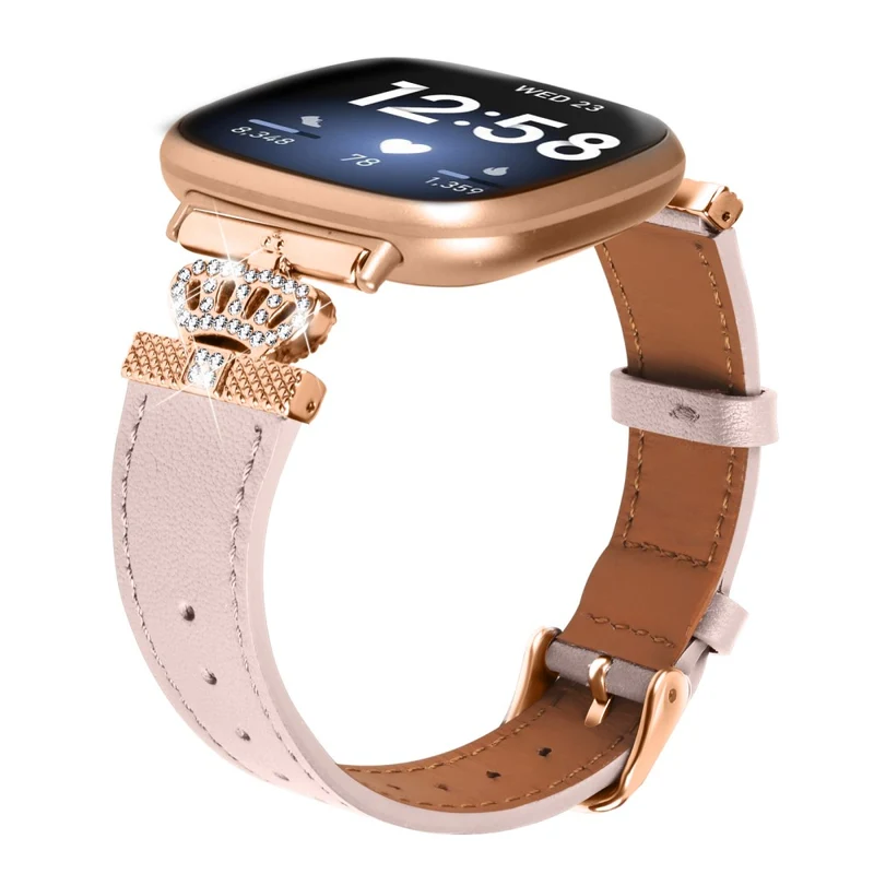 Fitbit Versa 4 / Sense 2 Smooth Genuine Cow Leather Rhinestone Watch Strap - Apricot