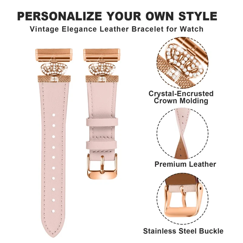 Fitbit Versa 4 / Sense 2 Smooth Genuine Cow Leather Rhinestone Watch Strap - Apricot