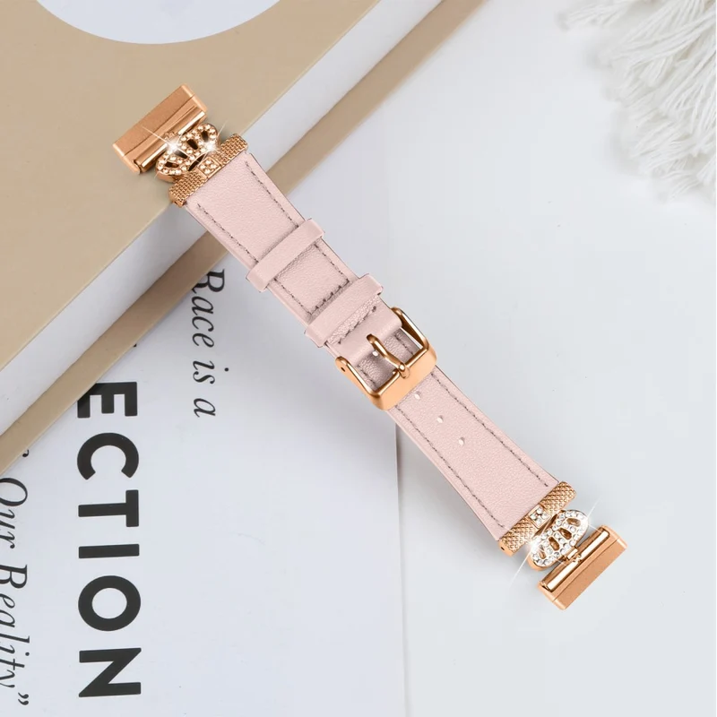 Fitbit Versa 4 / Sense 2 Smooth Genuine Cow Leather Rhinestone Watch Strap - Apricot