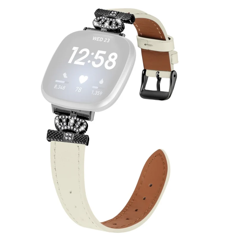 Fitbit Versa 4 / Sense 2 Genuine Cow Leather Crown Rhinestone Decor Watch Strap - Apricot