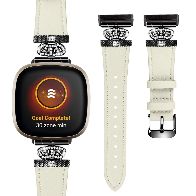 Fitbit Versa 4 / Sense 2 Genuine Cow Leather Crown Rhinestone Decor Watch Strap - Apricot