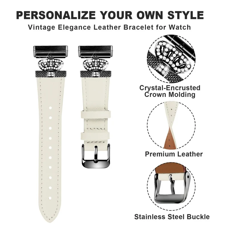 Fitbit Versa 4 / Sense 2 Genuine Cow Leather Crown Rhinestone Decor Watch Strap - Apricot