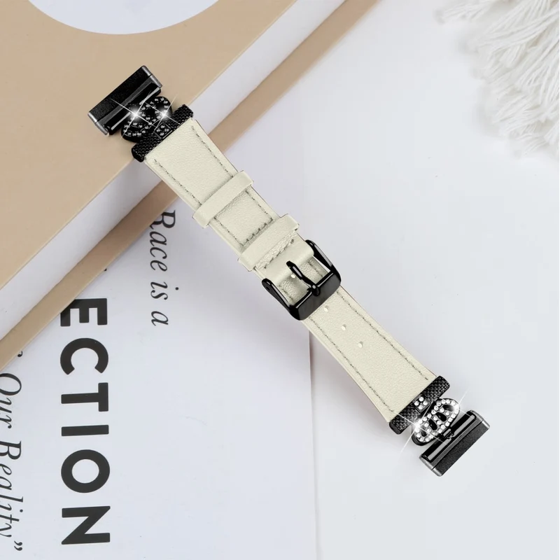 Fitbit Versa 4 / Sense 2 Genuine Cow Leather Crown Rhinestone Decor Watch Strap - Apricot
