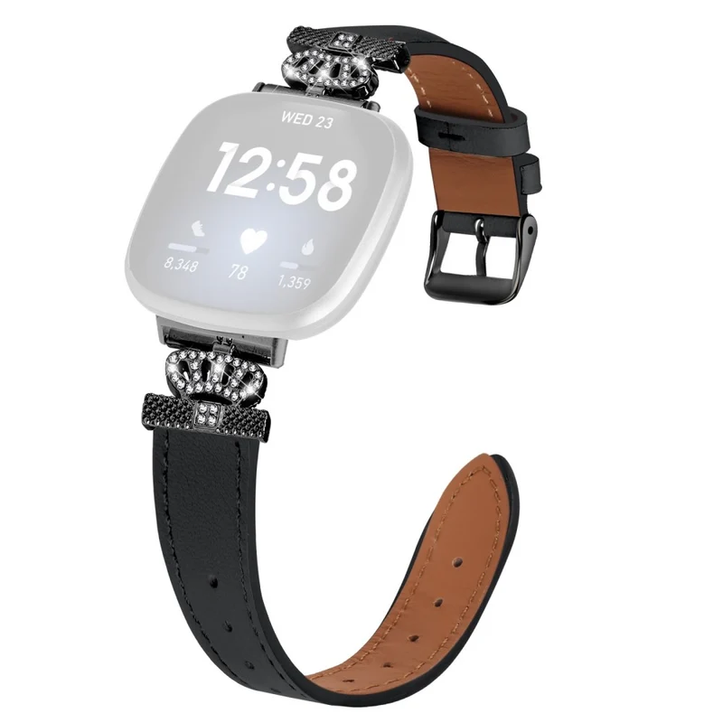 Fitbit Versa 4 / Sense 2 Genuine Cow Leather Crown Rhinestone Decor Watch Strap - Apricot