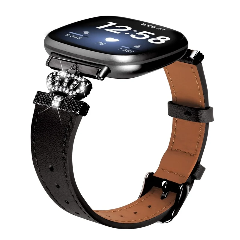 Fitbit Versa 4 / Sense 2 Genuine Cow Leather Crown Rhinestone Decor Watch Strap - Apricot