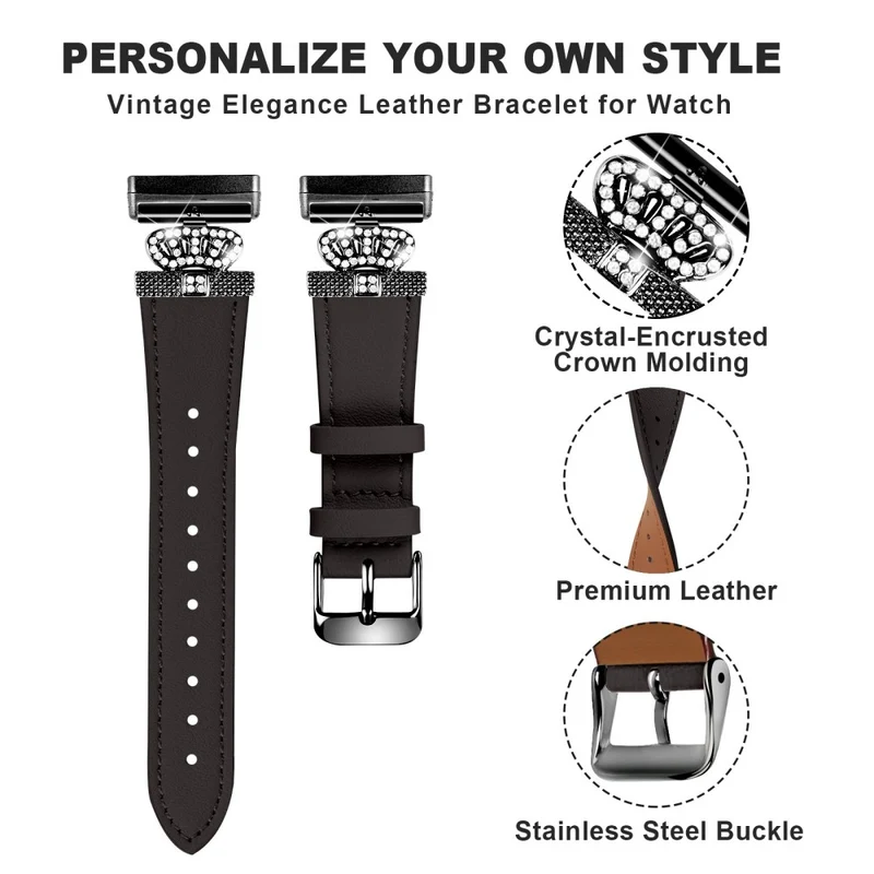 Fitbit Versa 4 / Sense 2 Genuine Cow Leather Crown Rhinestone Decor Watch Strap - Apricot