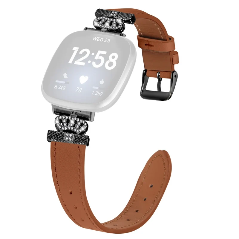 Fitbit Versa 4 / Sense 2 Genuine Cow Leather Crown Rhinestone Decor Watch Strap - Apricot
