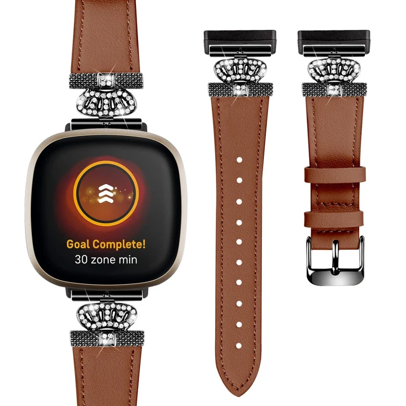 Fitbit Versa 4 / Sense 2 Genuine Cow Leather Crown Rhinestone Decor Watch Strap - Apricot