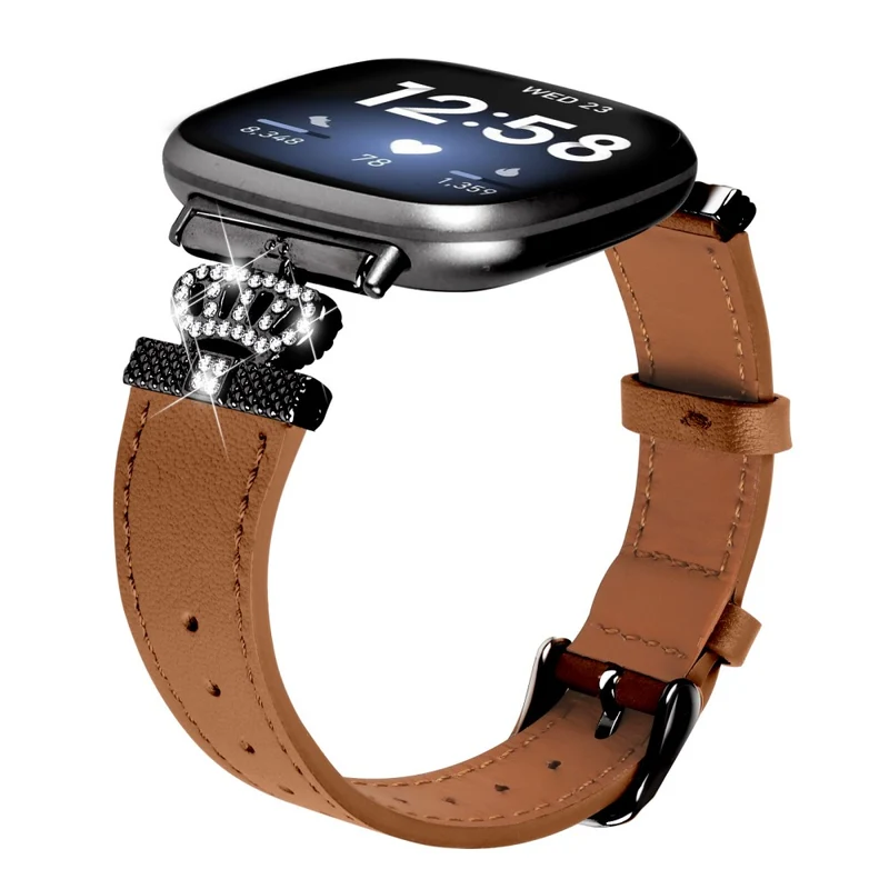 Fitbit Versa 4 / Sense 2 Genuine Cow Leather Crown Rhinestone Decor Watch Strap - Apricot