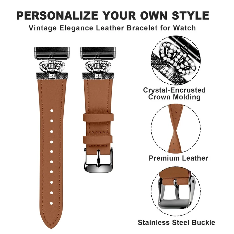 Fitbit Versa 4 / Sense 2 Genuine Cow Leather Crown Rhinestone Decor Watch Strap - Apricot