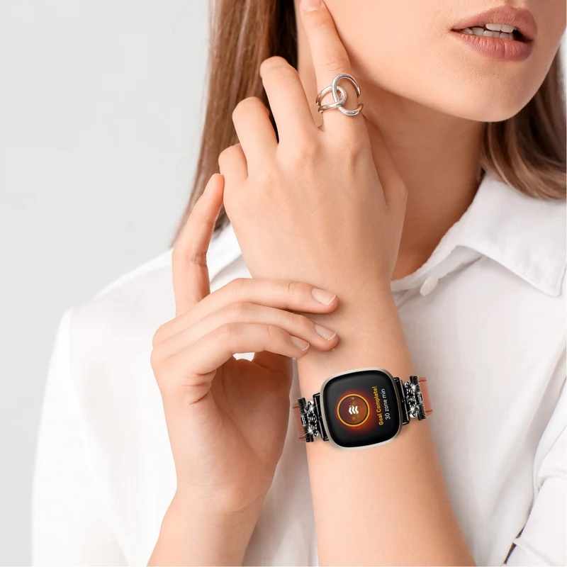 Fitbit Versa 4 / Sense 2 Genuine Cow Leather Crown Rhinestone Decor Watch Strap - Apricot