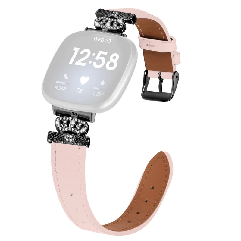 Fitbit Versa 4 / Sense 2 Genuine Cow Leather Crown Rhinestone Decor Watch Strap - Apricot