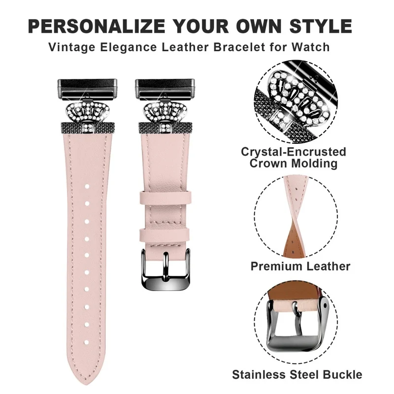 Fitbit Versa 4 / Sense 2 Genuine Cow Leather Crown Rhinestone Decor Watch Strap - Apricot